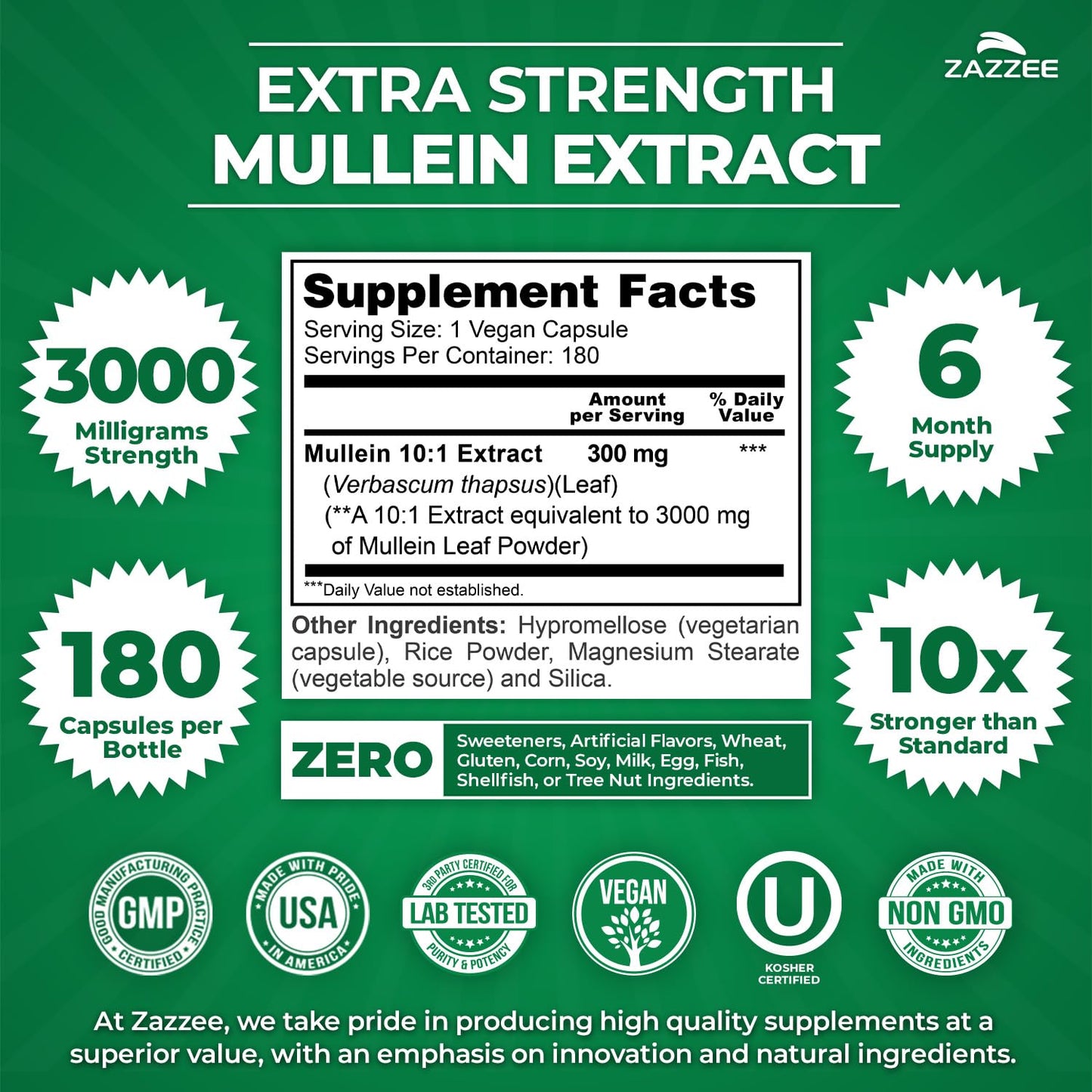 Zazzee Extra Strength Mullein 10:1 Extract – 3000 mg per Capsule, 180 Vegan Capsules, USA Made