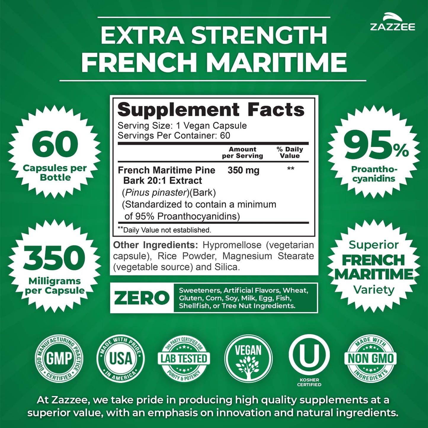 Zazzee French Maritime Pine Bark 350 mg - 60 Vegan Capsules, 95% Proanthocyanidins