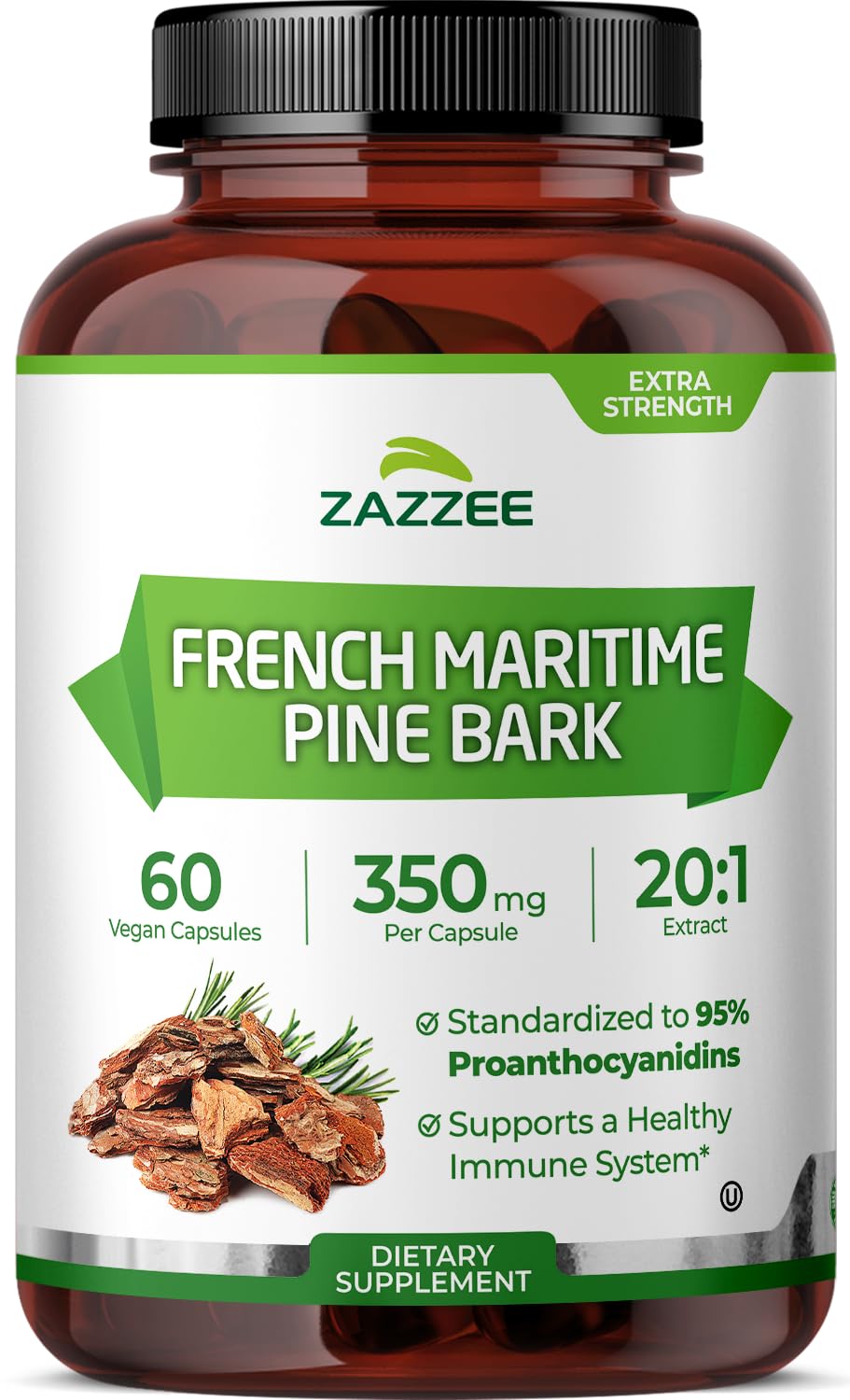 Zazzee French Maritime Pine Bark 350 mg - 60 Vegan Capsules, 95% Proanthocyanidins
