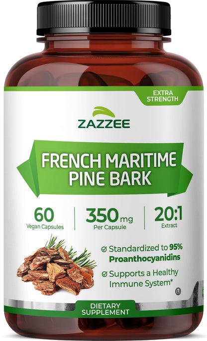 Zazzee French Maritime Pine Bark 350 mg - 60 Vegan Capsules, 95% Proanthocyanidins