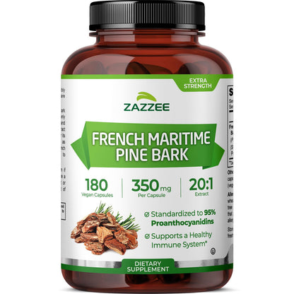 Zazzee Extra Strength French Maritime Pine Bark Extract 20:1 – 350 mg per Capsule, 180 Vegan Capsules