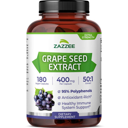 Zazzee High Strength Grape Seed Extract 50:1 – 180 Vegan Capsules, 95% Polyphenols, 400 mg per Capsule, 6 Month Supply, Made in USA