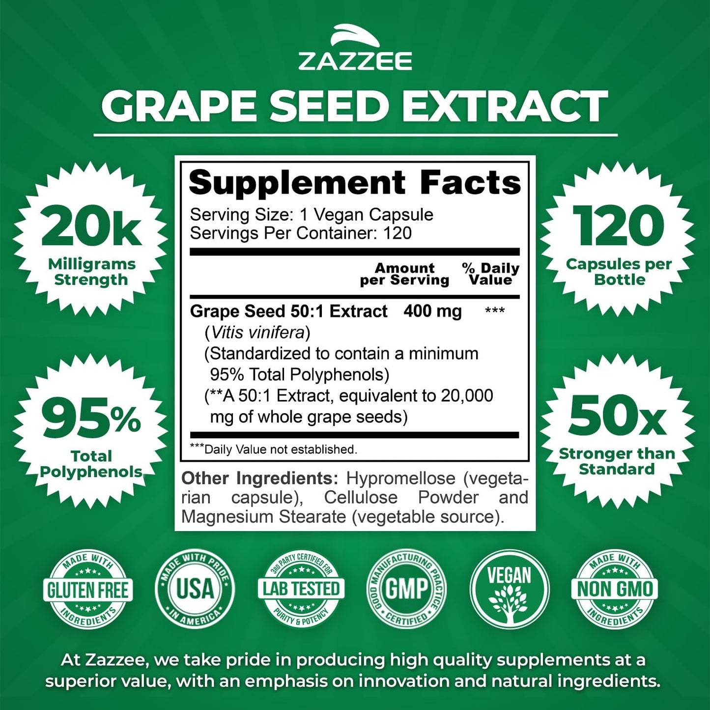 Zazzee Grape Seed Extract 50:1 – 120 Vegan Capsules | 95% Polyphenols