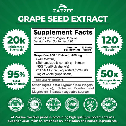 Zazzee Grape Seed Extract 50:1 – 120 Vegan Capsules | 95% Polyphenols
