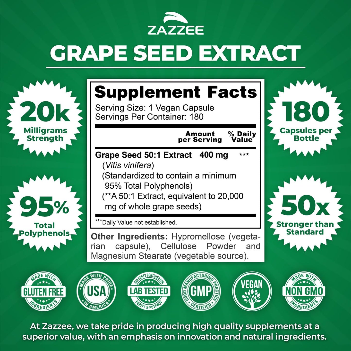 Zazzee High Strength Grape Seed Extract 50:1 – 180 Vegan Capsules, 95% Polyphenols, 400 mg per Capsule, 6 Month Supply, Made in USA
