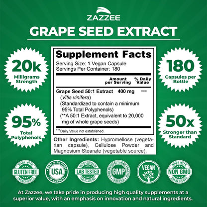 Zazzee High Strength Grape Seed Extract 50:1 – 180 Vegan Capsules, 95% Polyphenols, 400 mg per Capsule, 6 Month Supply, Made in USA