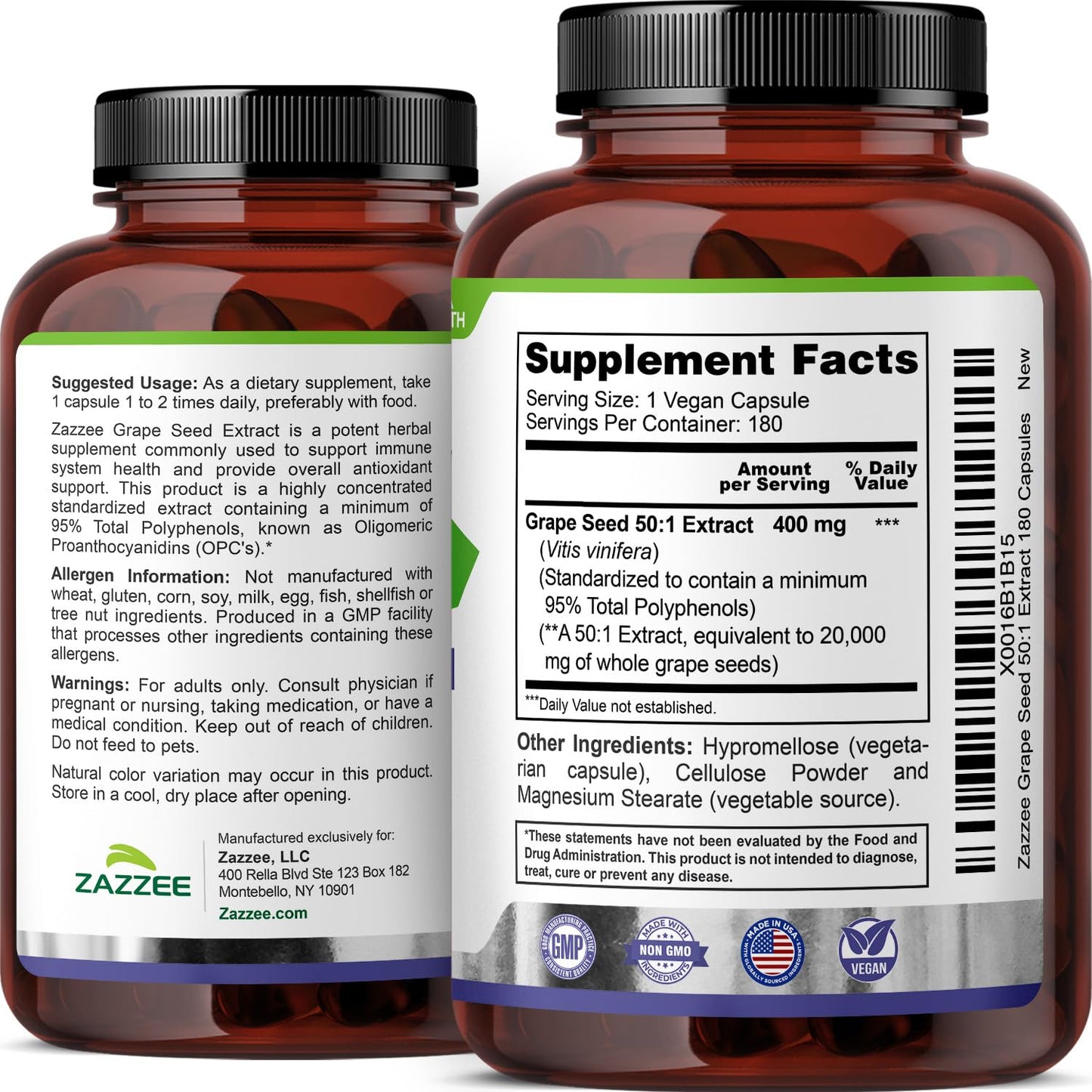 Zazzee High Strength Grape Seed Extract 50:1 – 180 Vegan Capsules, 95% Polyphenols, 400 mg per Capsule, 6 Month Supply, Made in USA