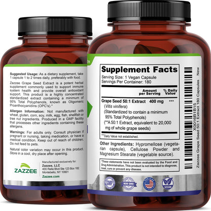 Zazzee High Strength Grape Seed Extract 50:1 – 180 Vegan Capsules, 95% Polyphenols, 400 mg per Capsule, 6 Month Supply, Made in USA