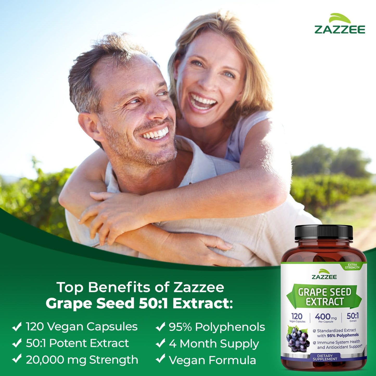 Zazzee Grape Seed Extract 50:1 – 120 Vegan Capsules | 95% Polyphenols