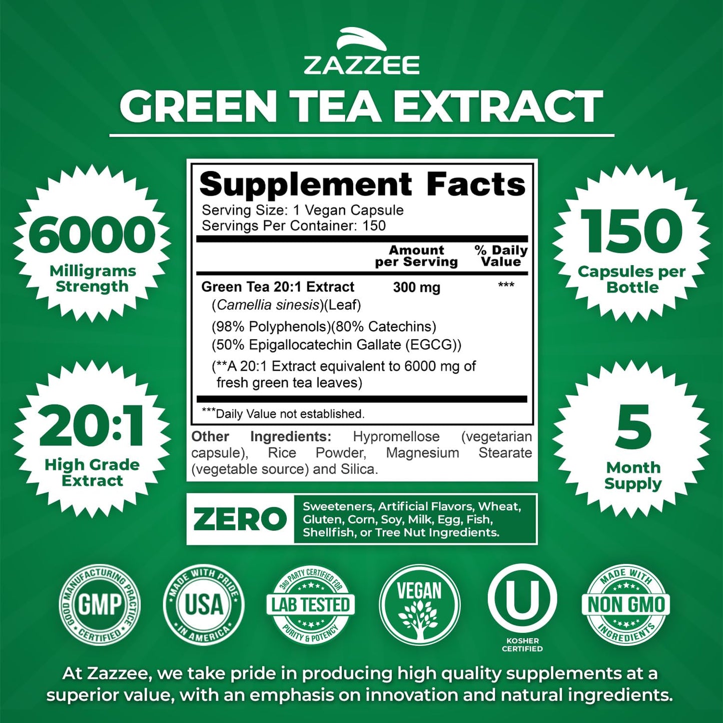 Zazzee Extra Strength Green Tea 20:1 Extract – 6000 mg, 50% EGCG, 150 Capsules, Non-GMO