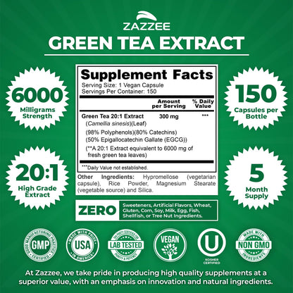 Zazzee Extra Strength Green Tea 20:1 Extract – 6000 mg, 50% EGCG, 150 Capsules, Non-GMO