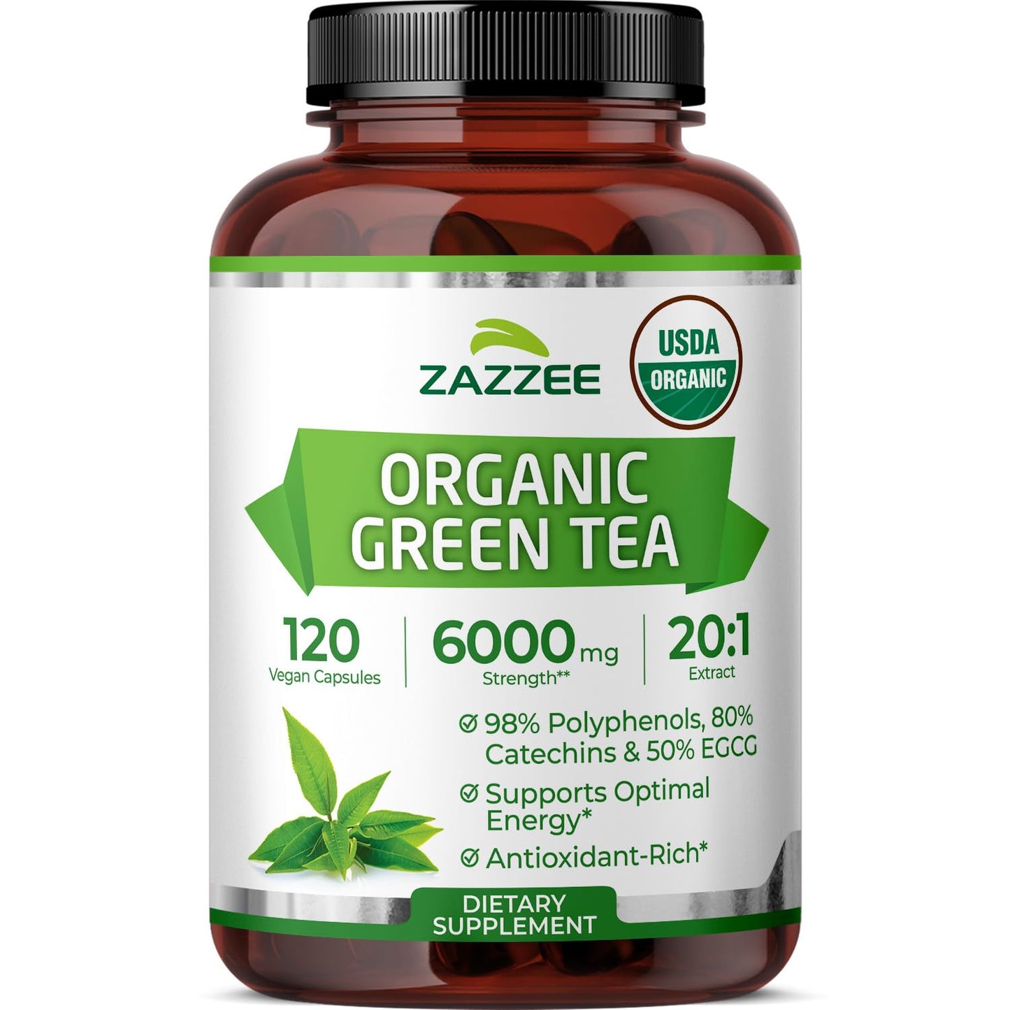 Zazzee USDA Organic Green Tea Extract 6000 mg (20:1) – 120 Capsules, 4 Month Supply, 50% EGCG, 80% Catechins, 98% Polyphenols, Non-GMO