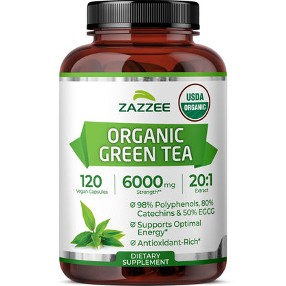 Zazzee USDA Organic Green Tea Extract 6000 mg (20:1) – 120 Capsules, 4 Month Supply, 50% EGCG, 80% Catechins, 98% Polyphenols, Non-GMO
