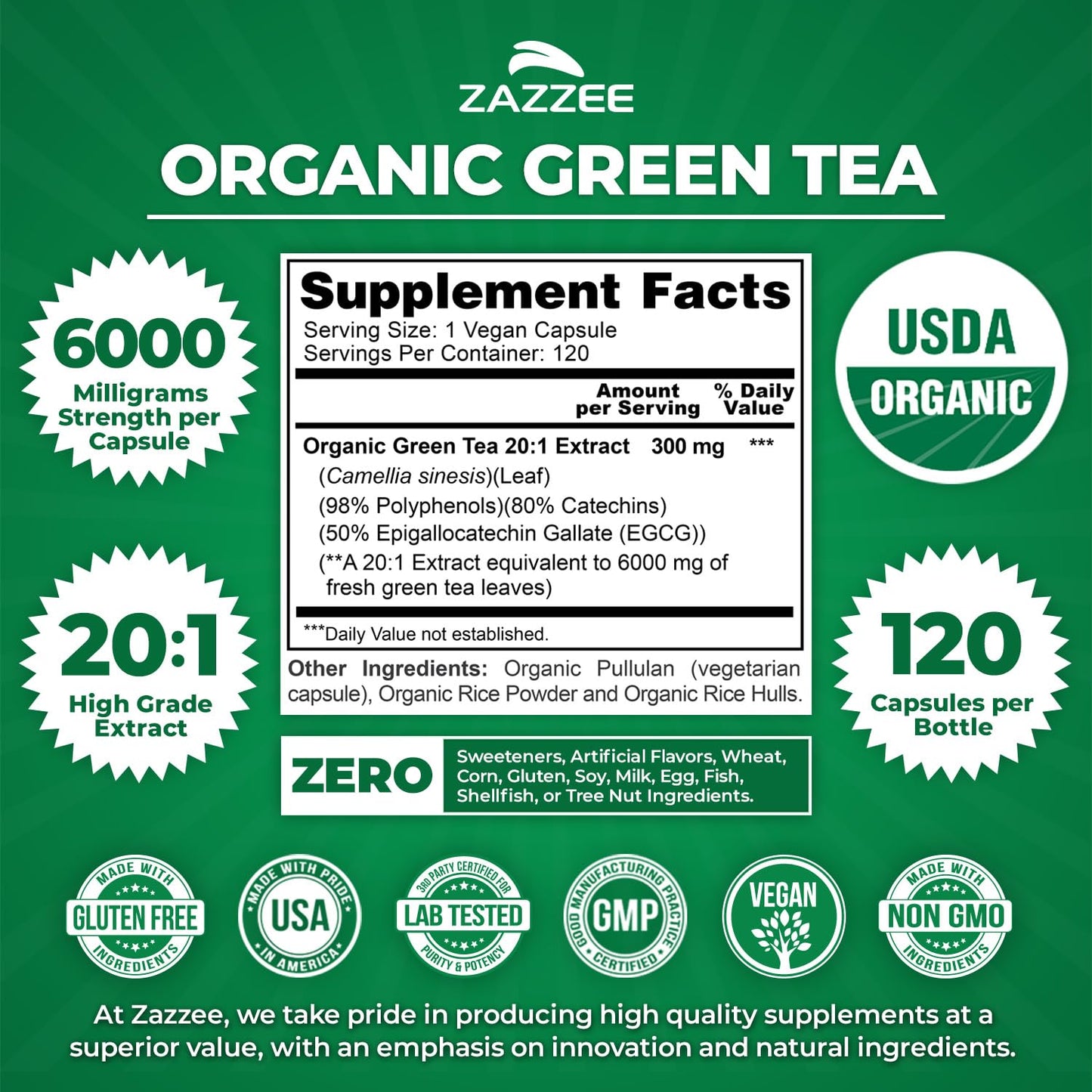 Zazzee USDA Organic Green Tea Extract 6000 mg (20:1) – 120 Capsules, 4 Month Supply, 50% EGCG, 80% Catechins, 98% Polyphenols, Non-GMO
