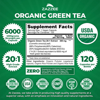 Zazzee USDA Organic Green Tea Extract 6000 mg (20:1) – 120 Capsules, 4 Month Supply, 50% EGCG, 80% Catechins, 98% Polyphenols, Non-GMO