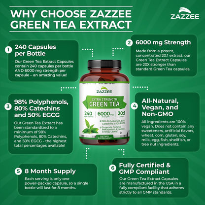 Zazzee Extra Strength Green Tea 20:1 Extract – 6000 mg, 8-Month Supply, 240 Vegan Capsules, 50% EGCG, 98% Polyphenols