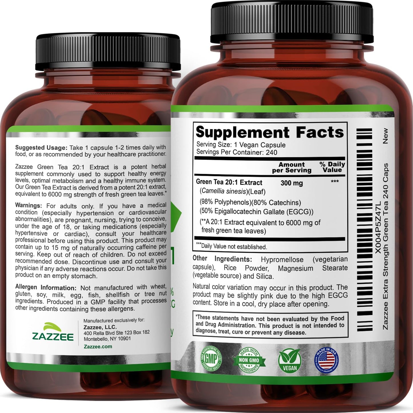 Zazzee Extra Strength Green Tea 20:1 Extract – 6000 mg, 8-Month Supply, 240 Vegan Capsules, 50% EGCG, 98% Polyphenols