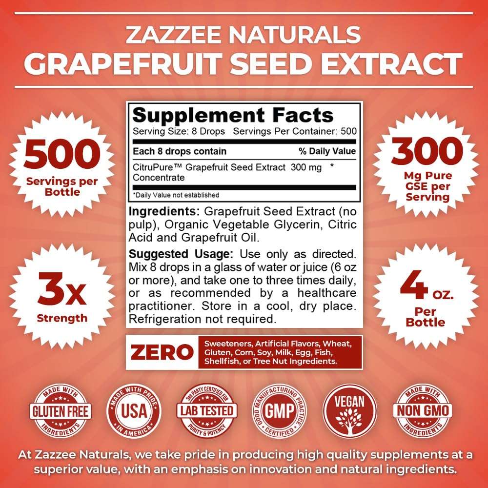 Zazzee GSE 3X Triple Strength Grapefruit Seed Extract - 4 oz, 500 Servings, 300 mg/Serving, Vegan, Gluten Free, Made in USA