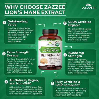 Zazzee USDA Organic Lion's Mane 20:1 Extract – 16,000 mg per Capsule, 120 Vegan Capsules, Made in USA