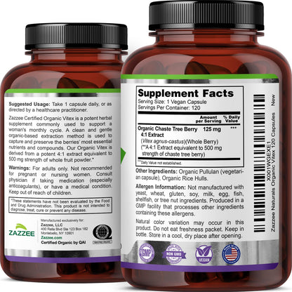 Zazzee USDA Organic Vitex 500 mg | 120 Vegan Capsules | 4-Month Supply