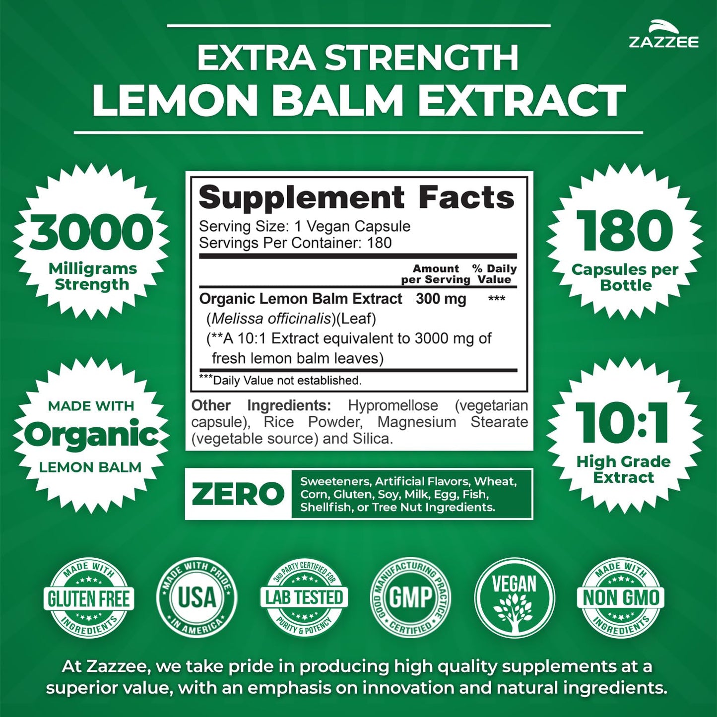 Zazzee Organic Lemon Balm 10:1 Extract – 3000 mg per Capsule, 180 Vegan Capsules