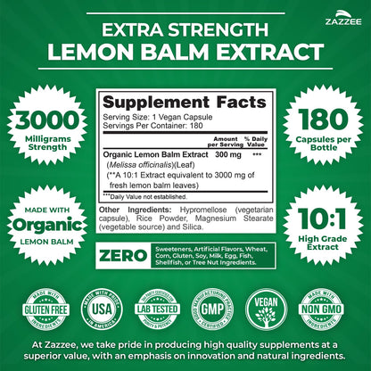 Zazzee Organic Lemon Balm 10:1 Extract – 3000 mg per Capsule, 180 Vegan Capsules
