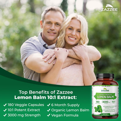 Zazzee Organic Lemon Balm 10:1 Extract – 3000 mg per Capsule, 180 Vegan Capsules