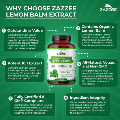 Zazzee Organic Lemon Balm 10:1 Extract – 3000 mg per Capsule, 180 Vegan Capsules