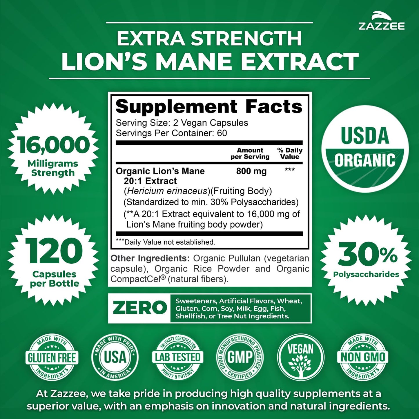 Zazzee USDA Organic Lion's Mane 20:1 Extract – 16,000 mg per Capsule, 120 Vegan Capsules, Made in USA