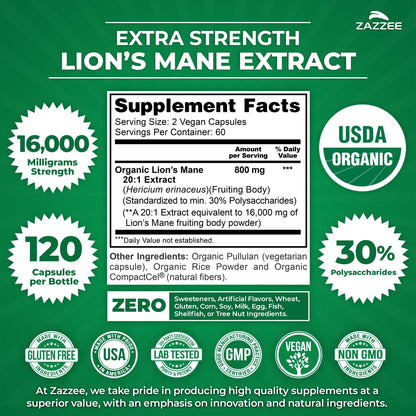 Zazzee USDA Organic Lion's Mane 20:1 Extract – 16,000 mg per Capsule, 120 Vegan Capsules, Made in USA