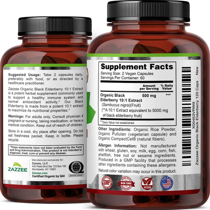 Zazzee USDA Organic Black Elderberry 10:1 Extract – 5000 mg, 120 Capsules