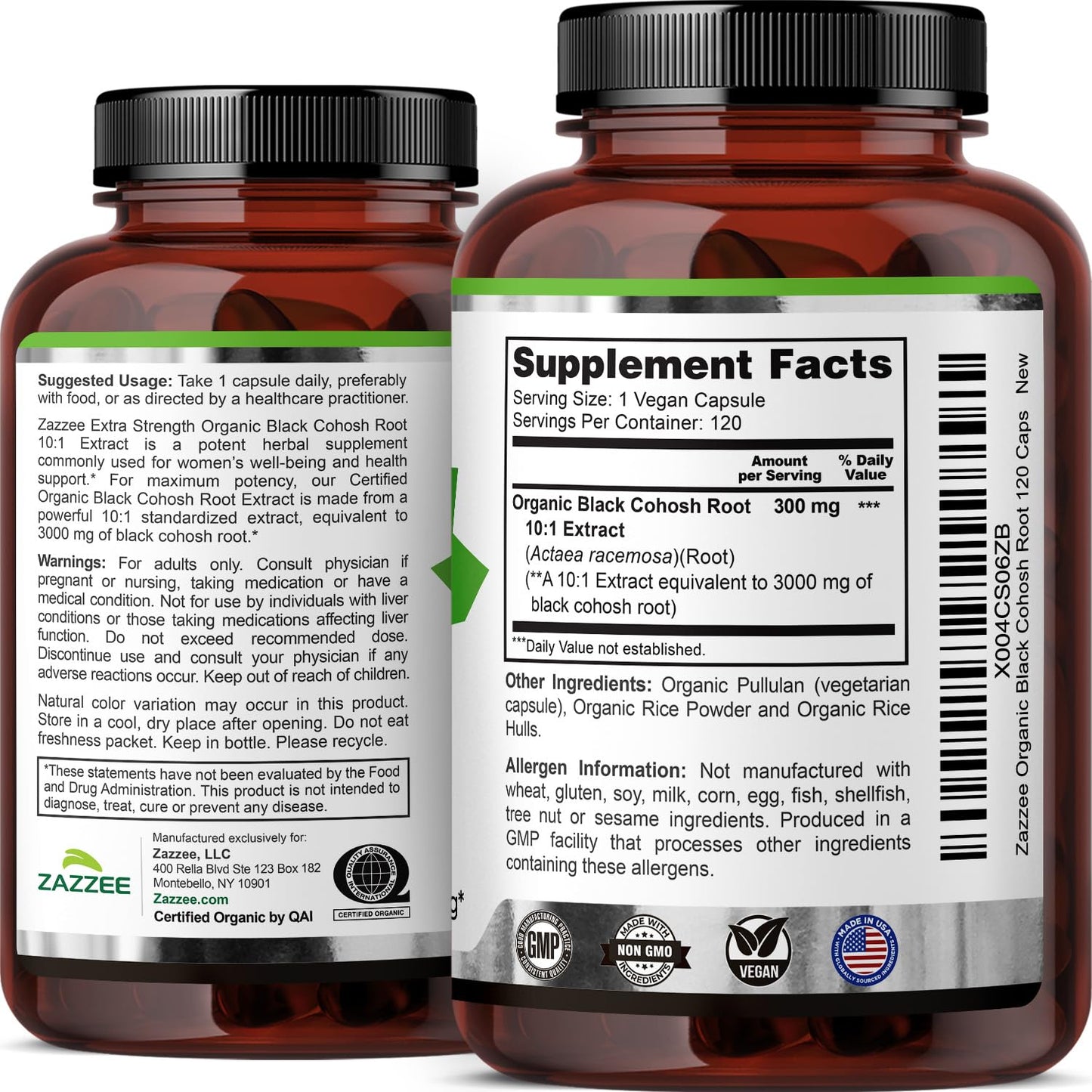 Zazzee USDA Organic Black Cohosh 10:1 Extract – 3000 mg Strength, 120 Capsules, 4 Month Supply | Made in USA