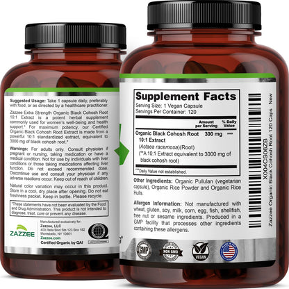 Zazzee USDA Organic Black Cohosh 10:1 Extract – 3000 mg Strength, 120 Capsules, 4 Month Supply | Made in USA