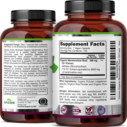 Zazzee USDA Organic Marshmallow Root 10:1 Extract – 3000 mg, 120 Veg Capsules