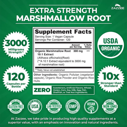 Zazzee USDA Organic Marshmallow Root 10:1 Extract – 3000 mg, 120 Veg Capsules