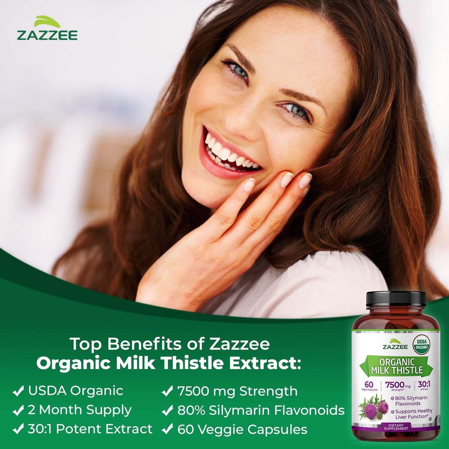 Zazzee USDA Organic Milk Thistle - 30:1 Extract, 7500 mg per Capsule | 60 Vegan Capsules | 80% Silymarin | Made in USA