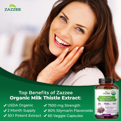 Zazzee USDA Organic Milk Thistle - 30:1 Extract, 7500 mg per Capsule | 60 Vegan Capsules | 80% Silymarin | Made in USA