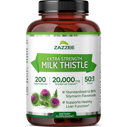 Zazzee Organic Milk Thistle 50:1 Extract – 20,000 mg Strength, 200 Capsules, 80% Silymarin, 6-Month Supply