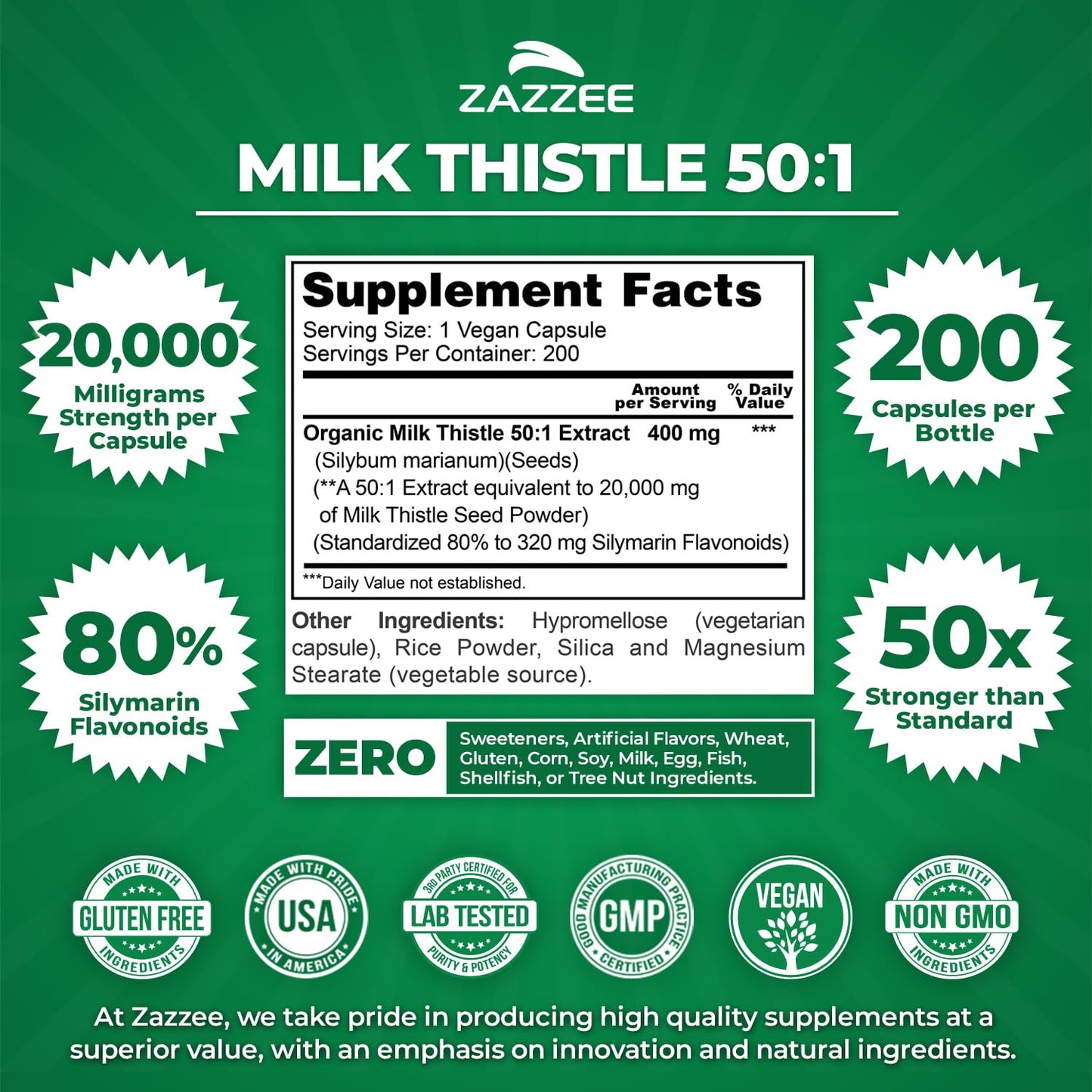 Zazzee Organic Milk Thistle 50:1 Extract – 20,000 mg Strength, 200 Capsules, 80% Silymarin, 6-Month Supply