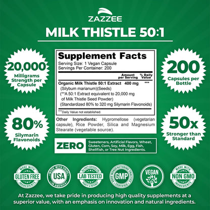 Zazzee Organic Milk Thistle 50:1 Extract – 20,000 mg Strength, 200 Capsules, 80% Silymarin, 6-Month Supply