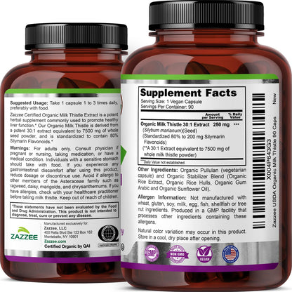 Zazzee USDA Organic Milk Thistle 30:1 Extract – 7500 mg, 90 Vegan Capsules, USA Made