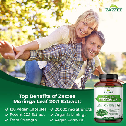 Zazzee Organic Moringa 20:1 Extract – 20,000 mg Strength, 120 Vegan Capsules, USA Made