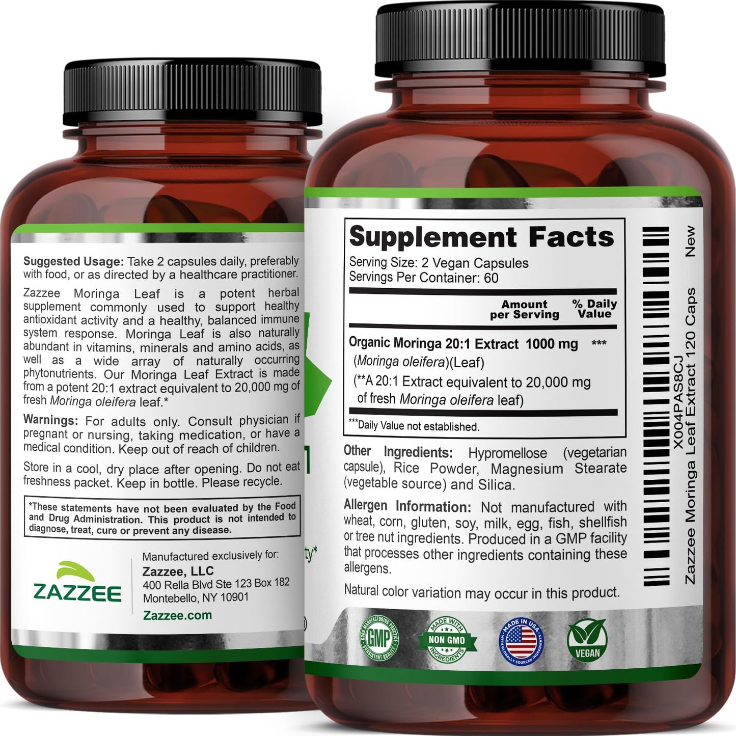 Zazzee Organic Moringa 20:1 Extract – 20,000 mg Strength, 120 Vegan Capsules, USA Made