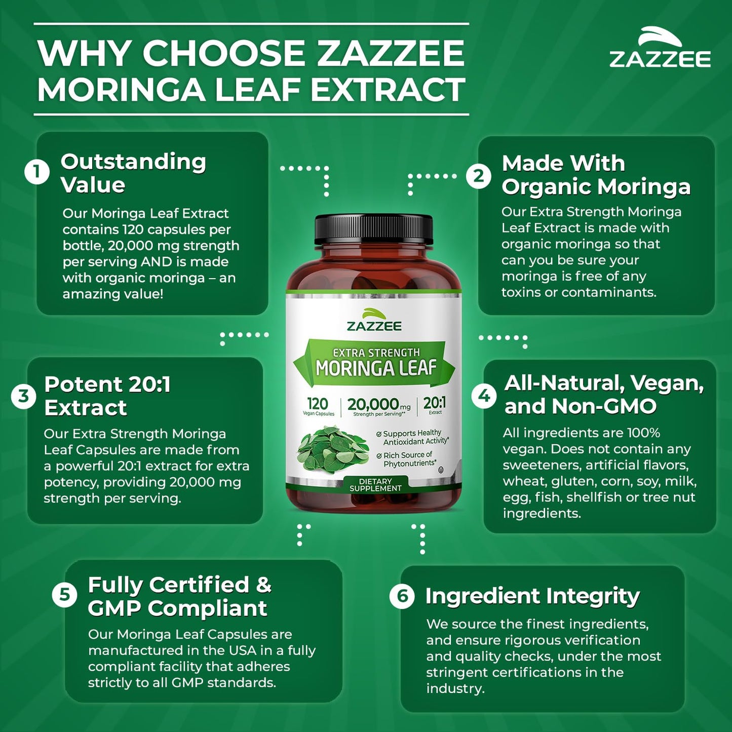 Zazzee Organic Moringa 20:1 Extract – 20,000 mg Strength, 120 Vegan Capsules, USA Made