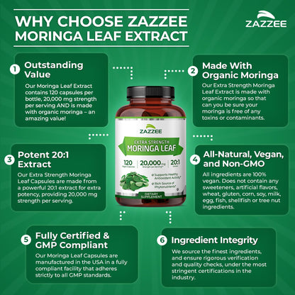 Zazzee Organic Moringa 20:1 Extract – 20,000 mg Strength, 120 Vegan Capsules, USA Made