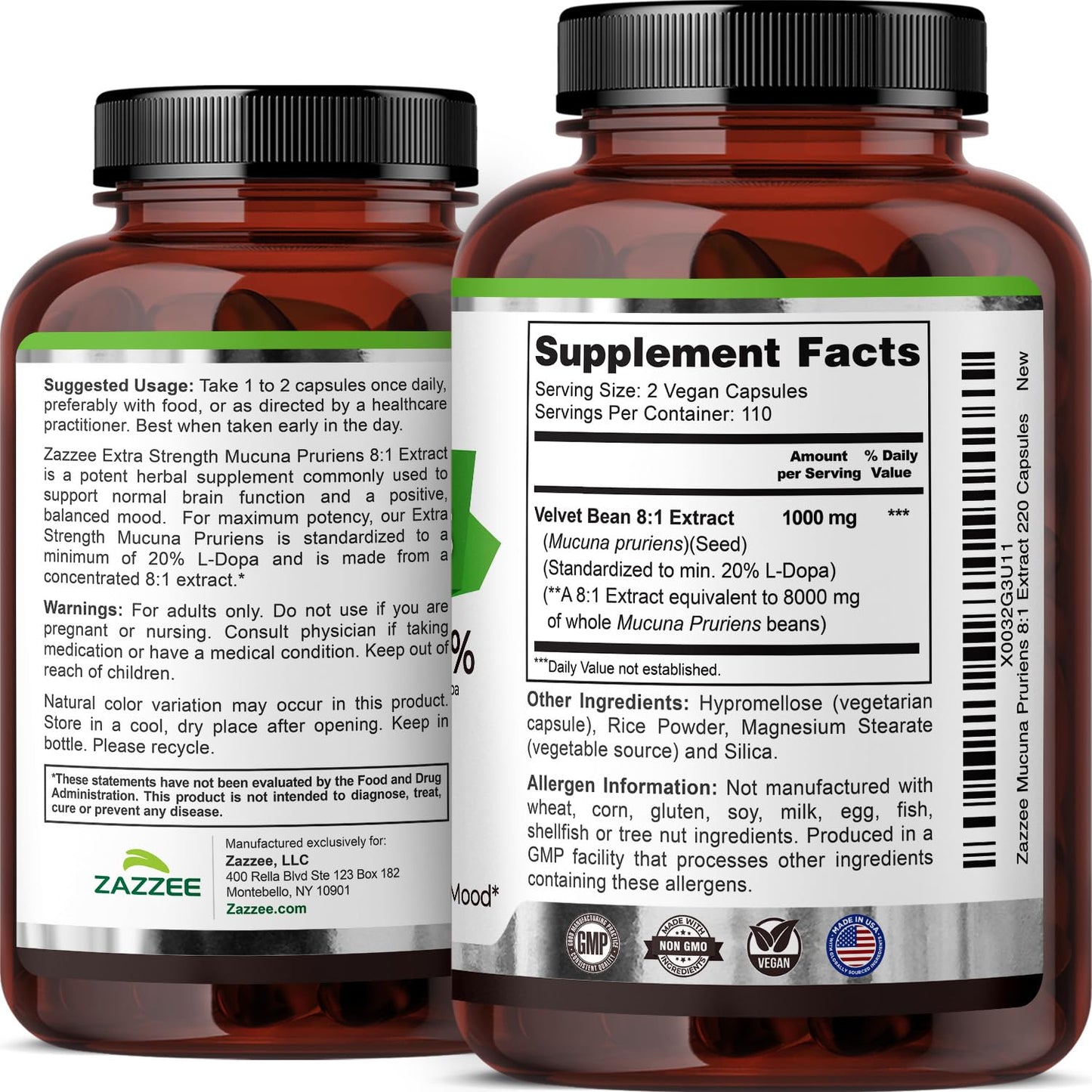 Zazzee Extra Strength Mucuna Pruriens 8:1 Extract – 1000 mg, 20% L-DOPA, 220 Veg Capsules, 110 Day Supply