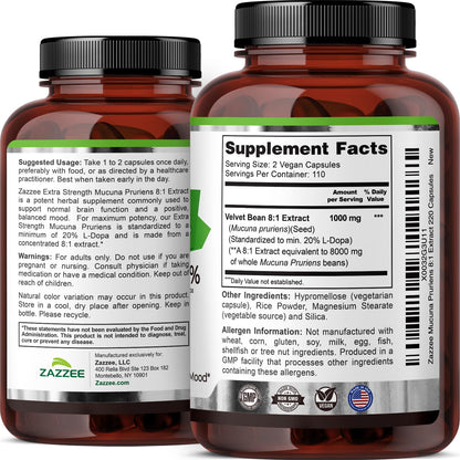 Zazzee Extra Strength Mucuna Pruriens 8:1 Extract – 1000 mg, 20% L-DOPA, 220 Veg Capsules, 110 Day Supply