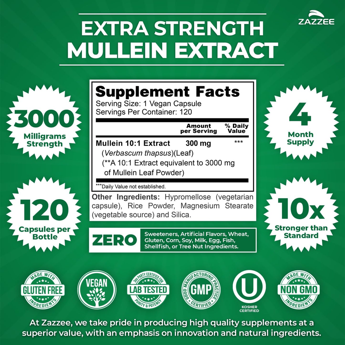Zazzee Extra Strength Mullein 3000 mg – 120 Veg Capsules (4 Month) | 10:1 Extract