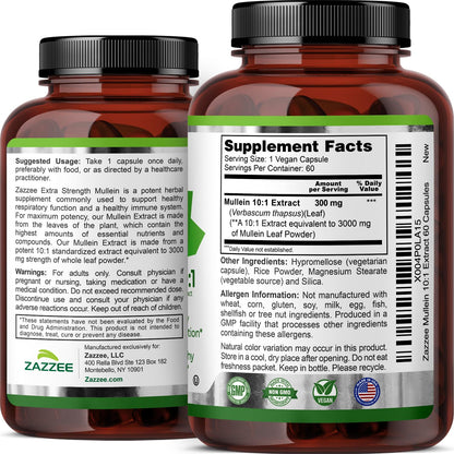 Zazzee Extra Strength Mullein 10:1 Extract – 3000 mg, 60 Vegan Capsules, Made in USA