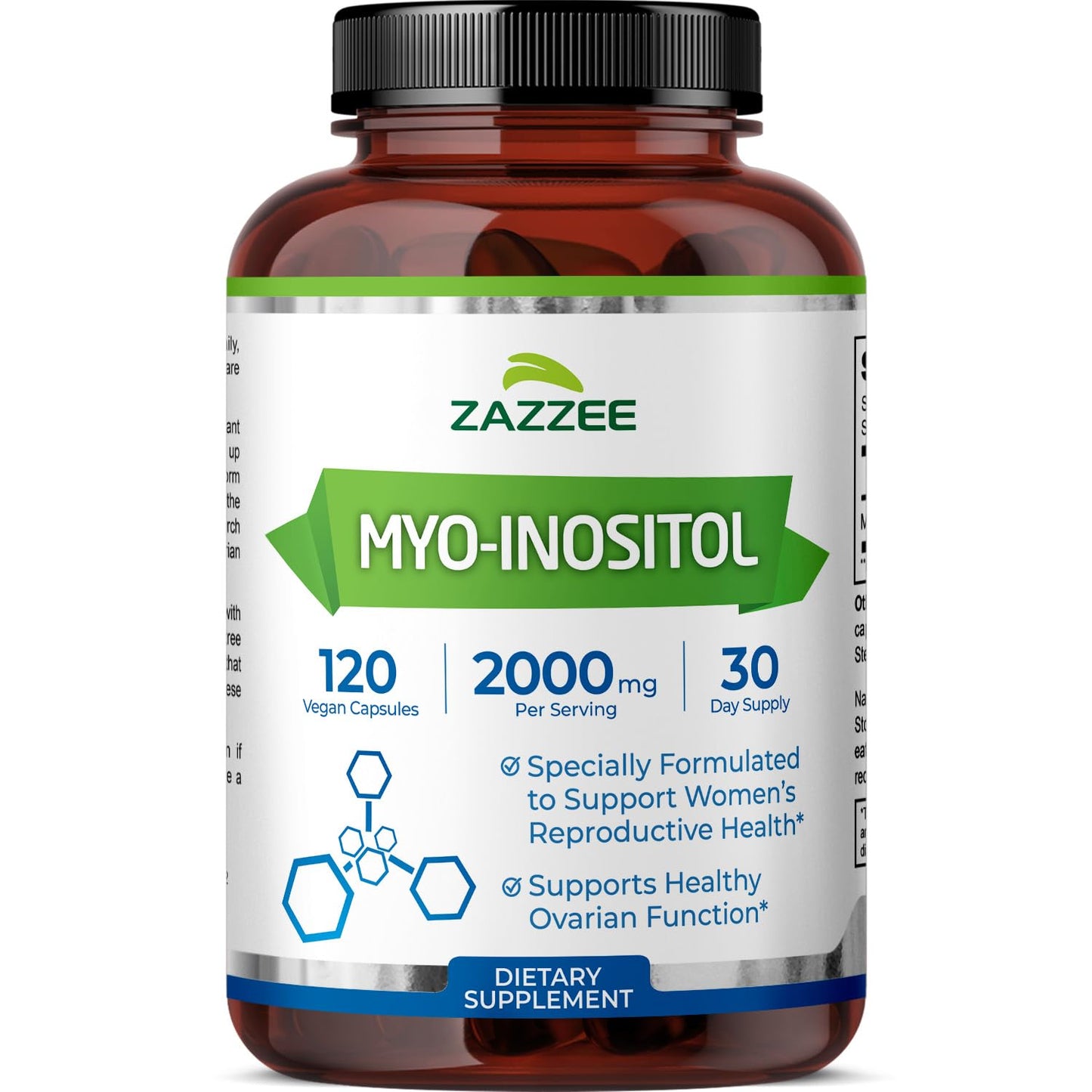 Zazzee Myo-Inositol Capsules — 2000 mg per Serving, 120 Vegan Capsules, 40:1 Ratio, Hormone Balance & Ovarian Support